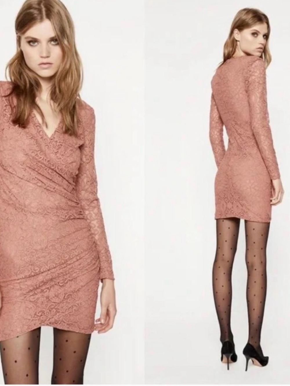 Bardot Lace Long-Sleeve Bodycon Dress in Dusty Rose